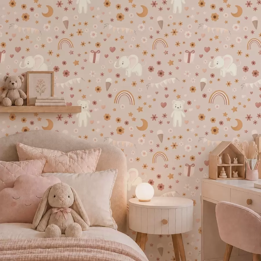 Papier peint photo Motif pour enfants avec un éléphant, un arc-en-ciel et des fleurs a00433