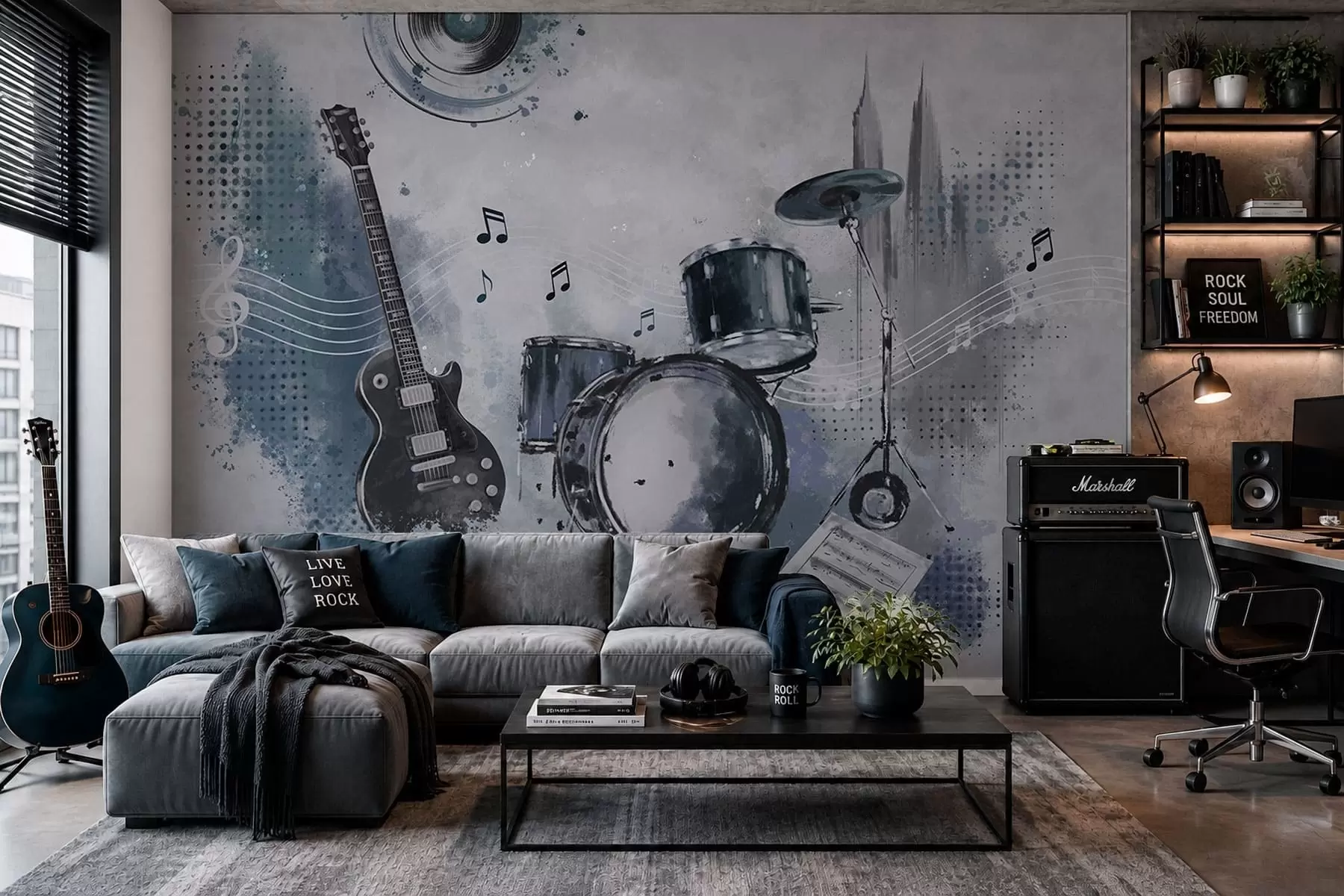 Papier peint photo Guitare et batterie avec des notes de musique w05546