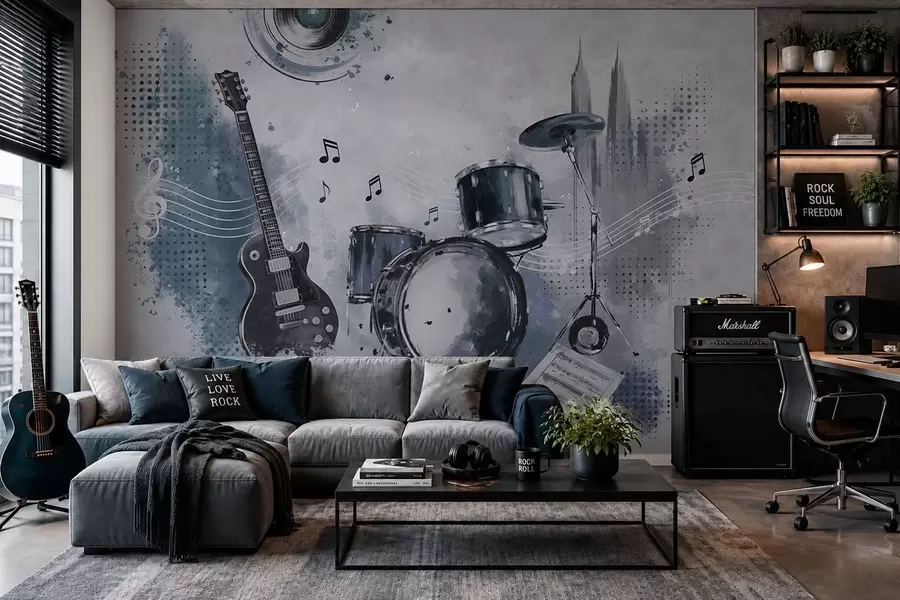 Papier peint photo Guitare et batterie avec des notes de musique w05546