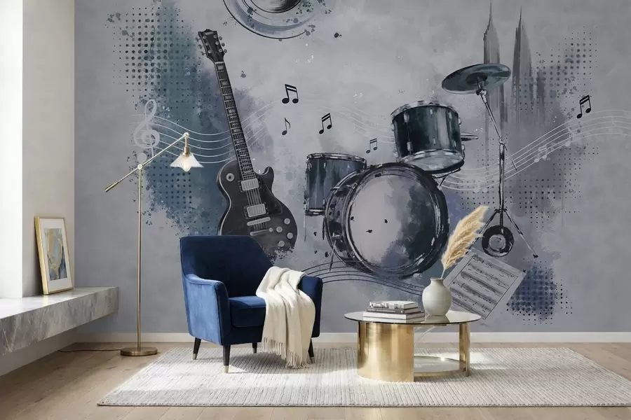 Fotobehang Gitaar en drumstel met muzieknoten w05546