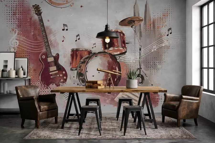 Fotobehang Muziekinstrumenten in warme bordeauxrode tinten w05546v1