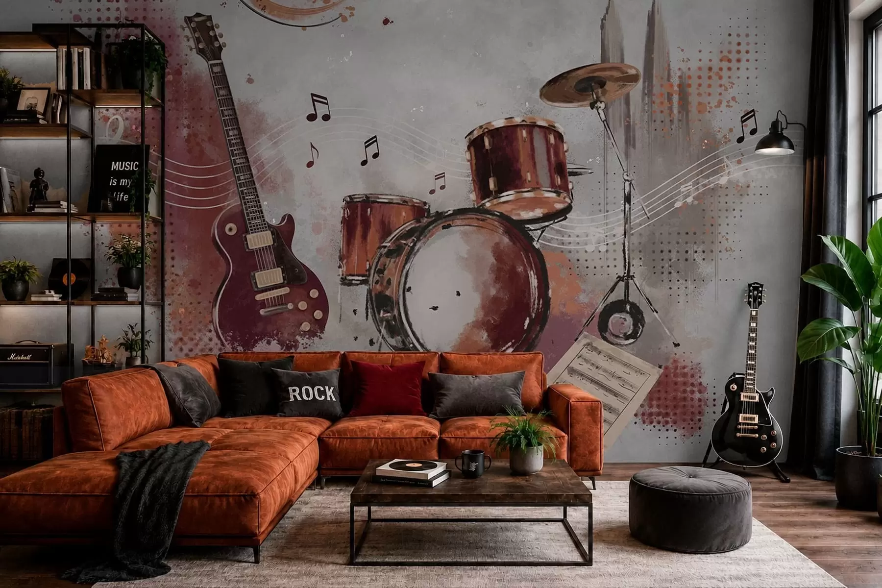 Fotobehang Muziekinstrumenten in warme bordeauxrode tinten w05546v1