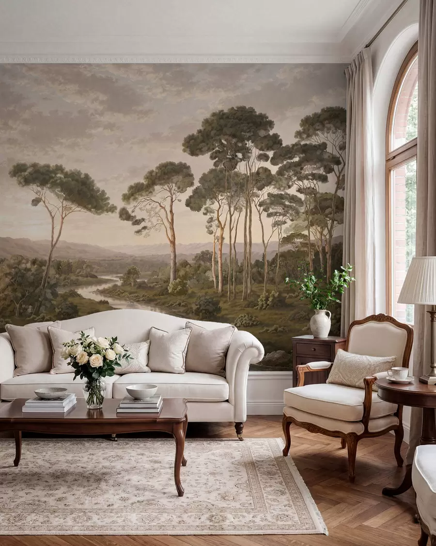 Fotobehang Landschap met een rivier, bomen en heuvels in de verte w05696