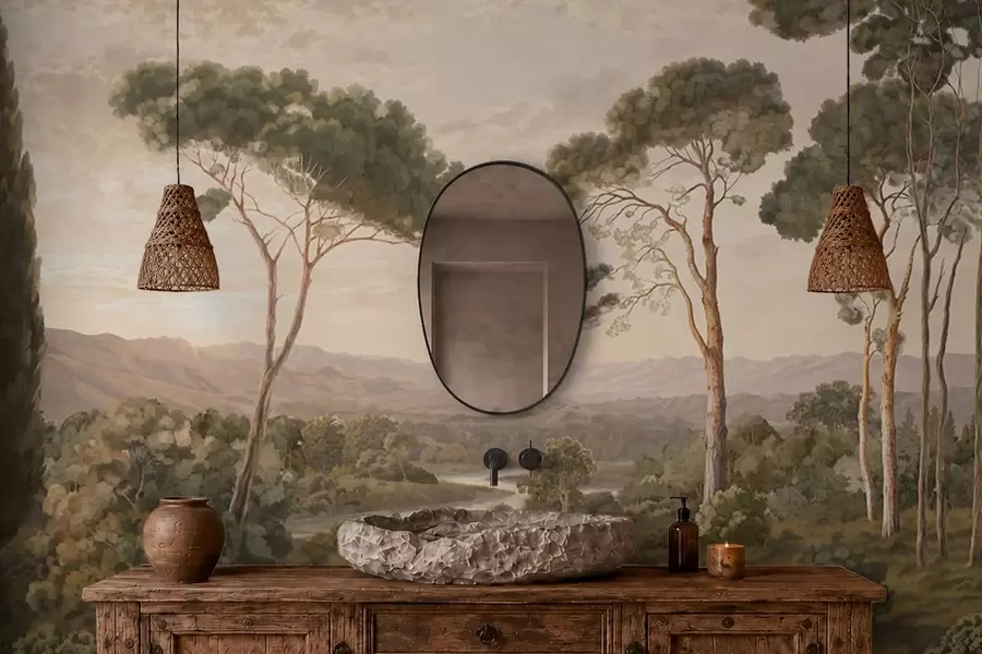 Fotobehang Landschap met een rivier, bomen en heuvels in de verte w05696