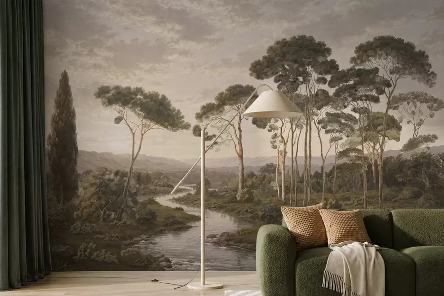 Papier peint photo Paysage avec une rivière, des arbres et des collines au loin w05696
