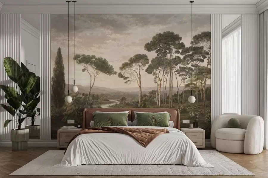 Fotobehang Landschap met een rivier, bomen en heuvels in de verte w05696