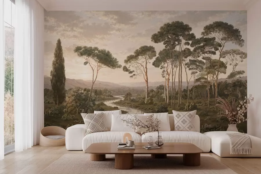 Fotobehang Landschap met een rivier, bomen en heuvels in de verte w05696