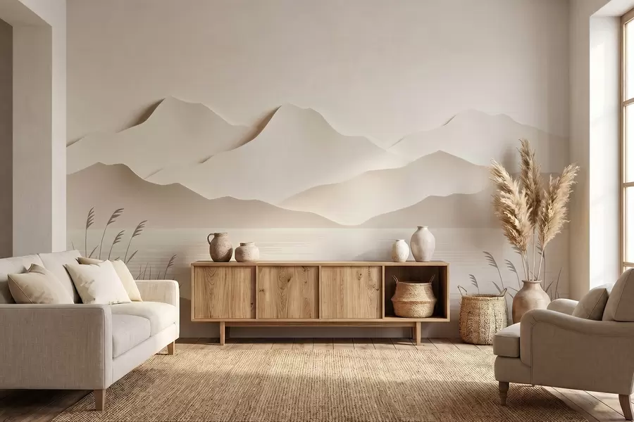 Fotobehang Een gelaagd berglandschap boven een rustig meer in een warm beige kleurenpalet w09876
