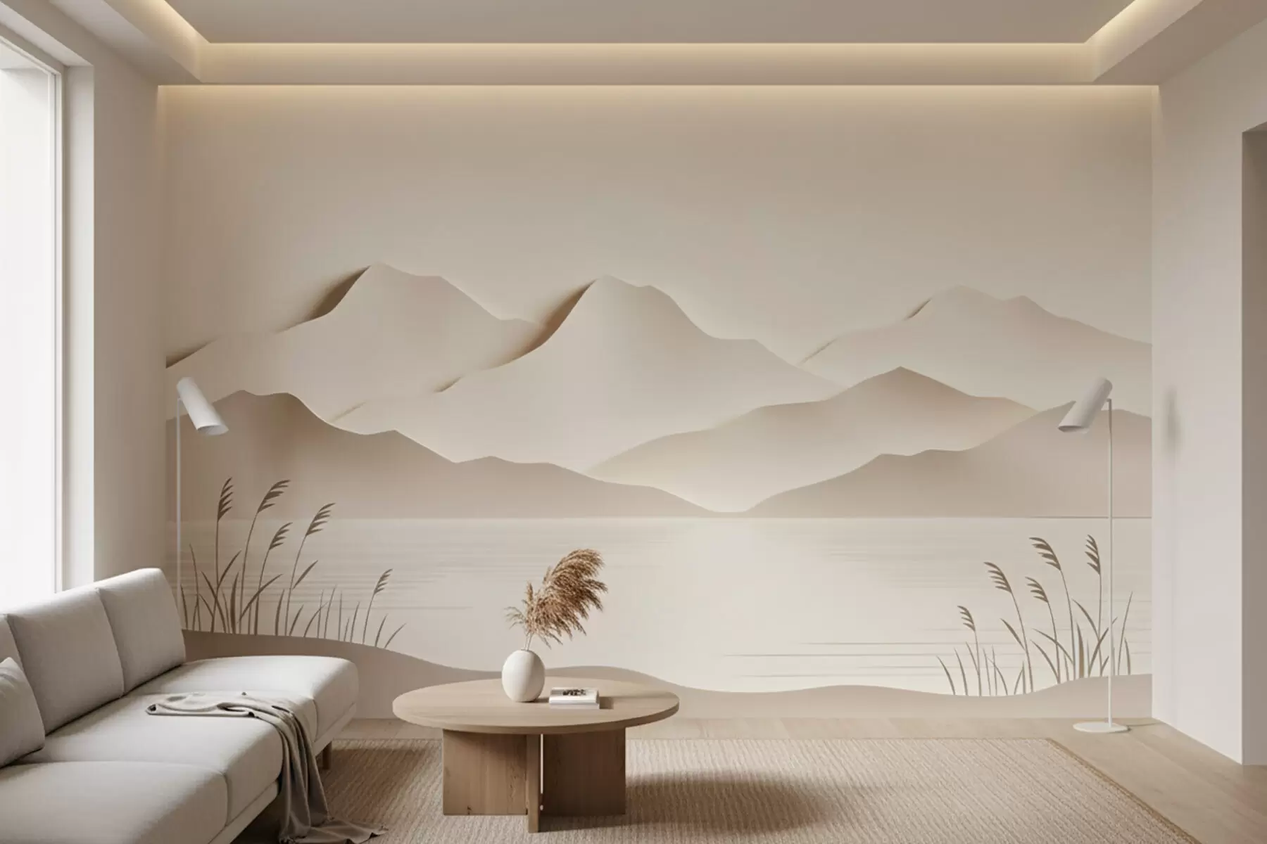 Fotobehang Een gelaagd berglandschap boven een rustig meer in een warm beige kleurenpalet w09876