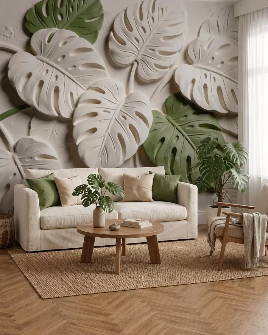 Fotobehang Botanische monstera-bladeren in reliëf in crèmekleurige en groene tinten w09883