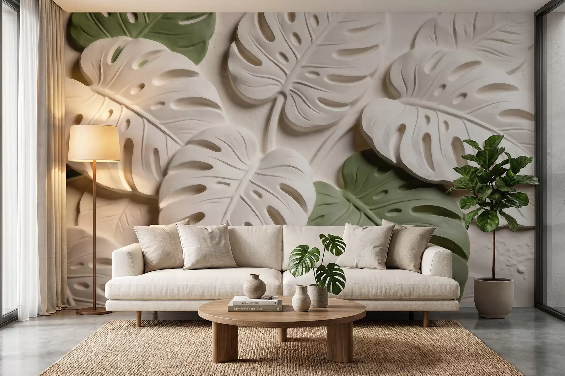 Fotobehang Botanische monstera-bladeren in reliëf in crèmekleurige en groene tinten w09883
