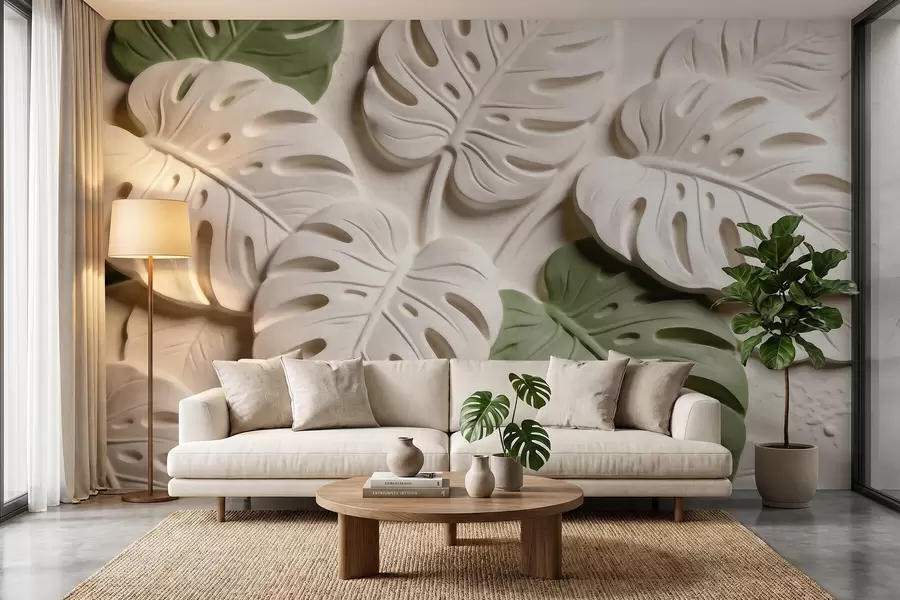 Fotobehang Botanische monstera-bladeren in reliëf in crèmekleurige en groene tinten w09883