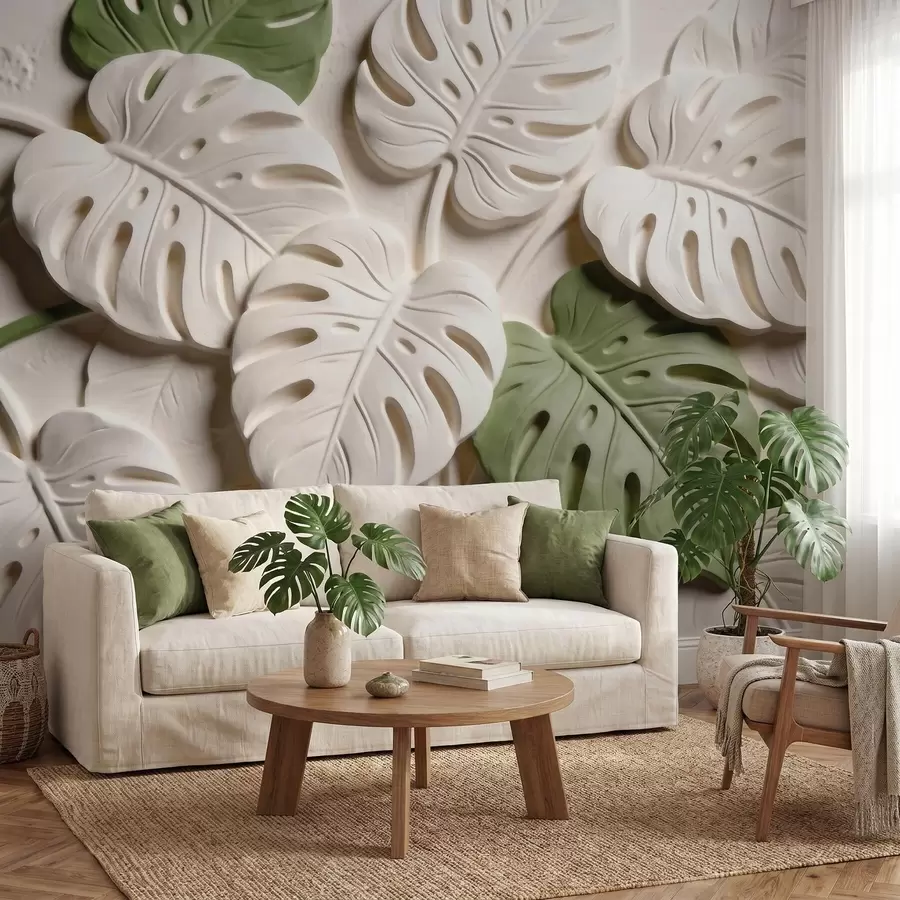 Papier peint photo Feuilles de monstera botaniques en relief, dans des tons crème et verts w09883