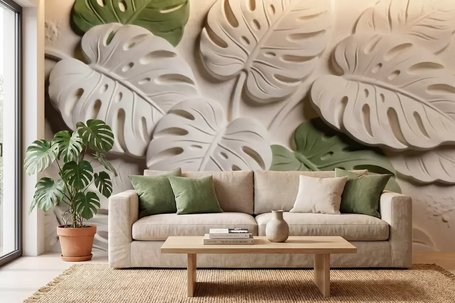 Fotobehang Botanische monstera-bladeren in reliëf in crèmekleurige en groene tinten w09883