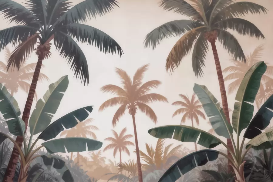 Fotobehang Tropische palmbomen in een zacht vintage kleurenpalet met een mistige ochtendsfeer w09884