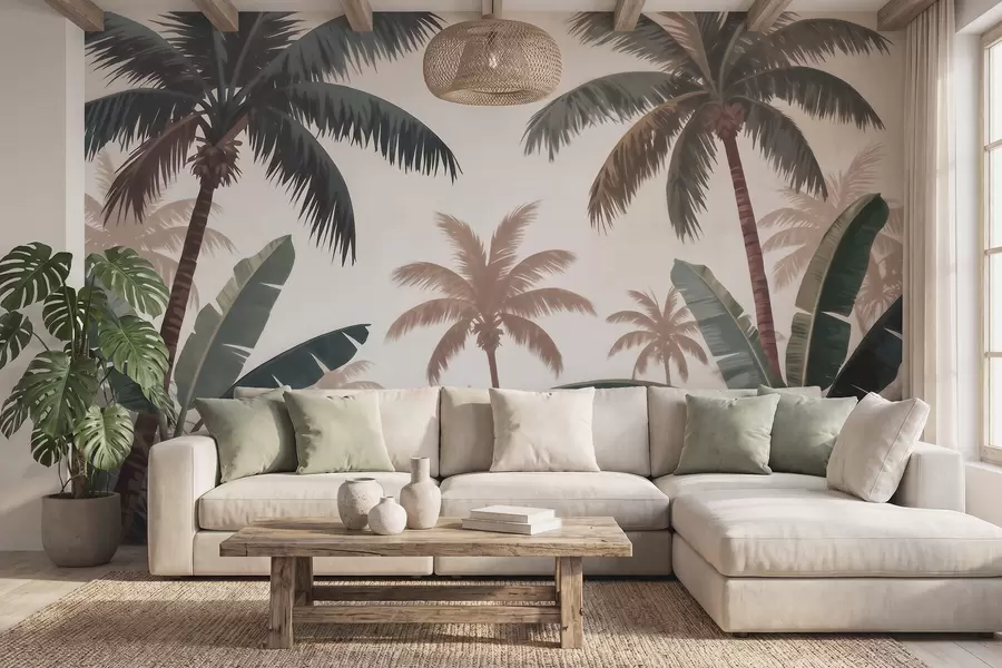 Fotobehang Tropische palmbomen in een zacht vintage kleurenpalet met een mistige ochtendsfeer w09884