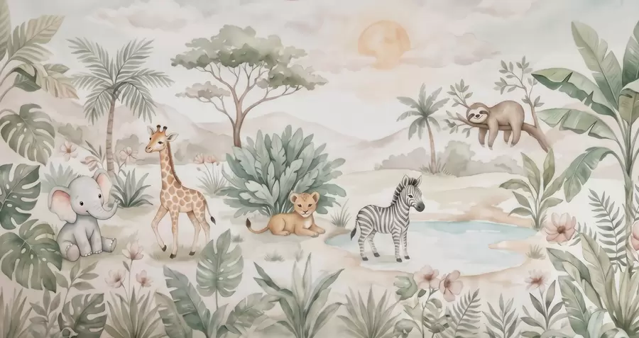 Fotobehang Aquarelafbeelding van een safari met dieren in zachte pasteltinten, met onder meer een giraf, een babyolifant, een zebra en een leeuwenwelpje w09888