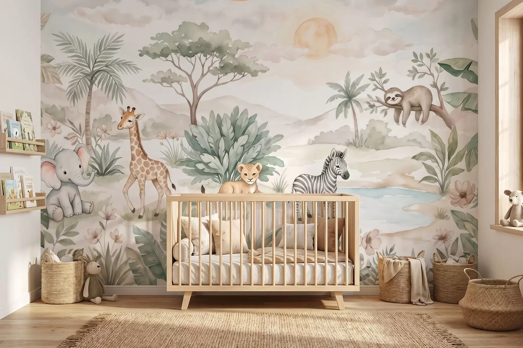 Fotobehang Aquarelafbeelding van een safari met dieren in zachte pasteltinten, met onder meer een giraf, een babyolifant, een zebra en een leeuwenwelpje w09888