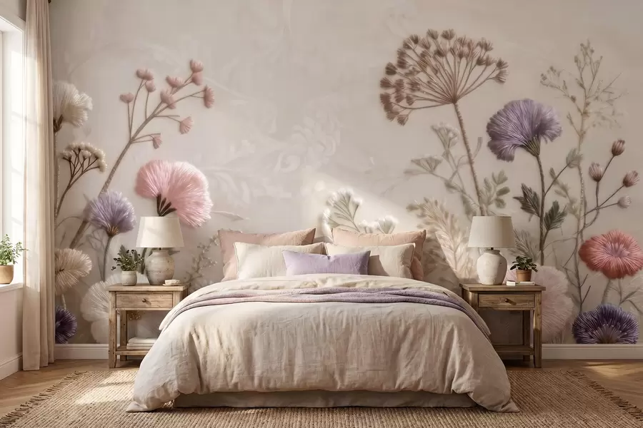 Fotobehang Driedimensionale veldbloemen met een handgeborduurd effect in pastelkleuren w09874