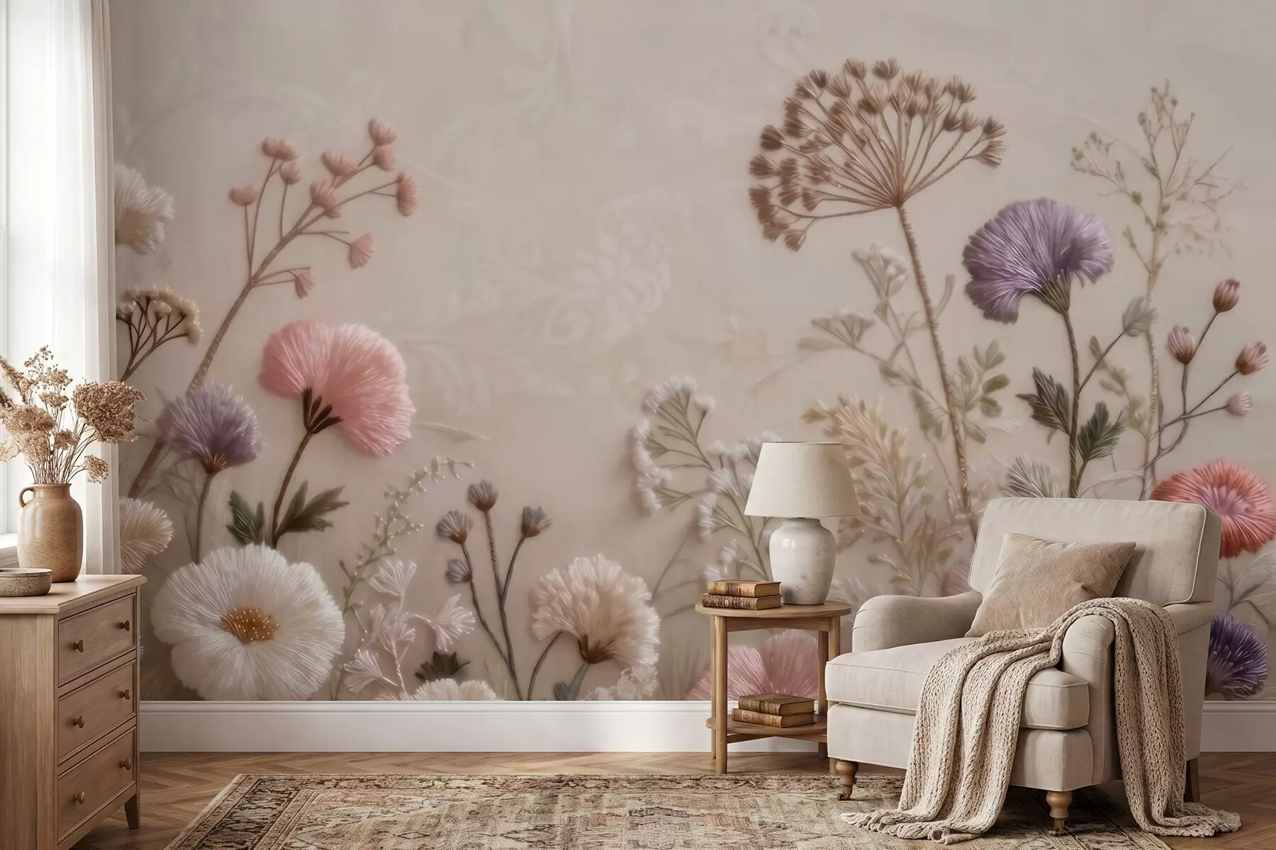 Fotobehang Driedimensionale veldbloemen met een handgeborduurd effect in pastelkleuren w09874
