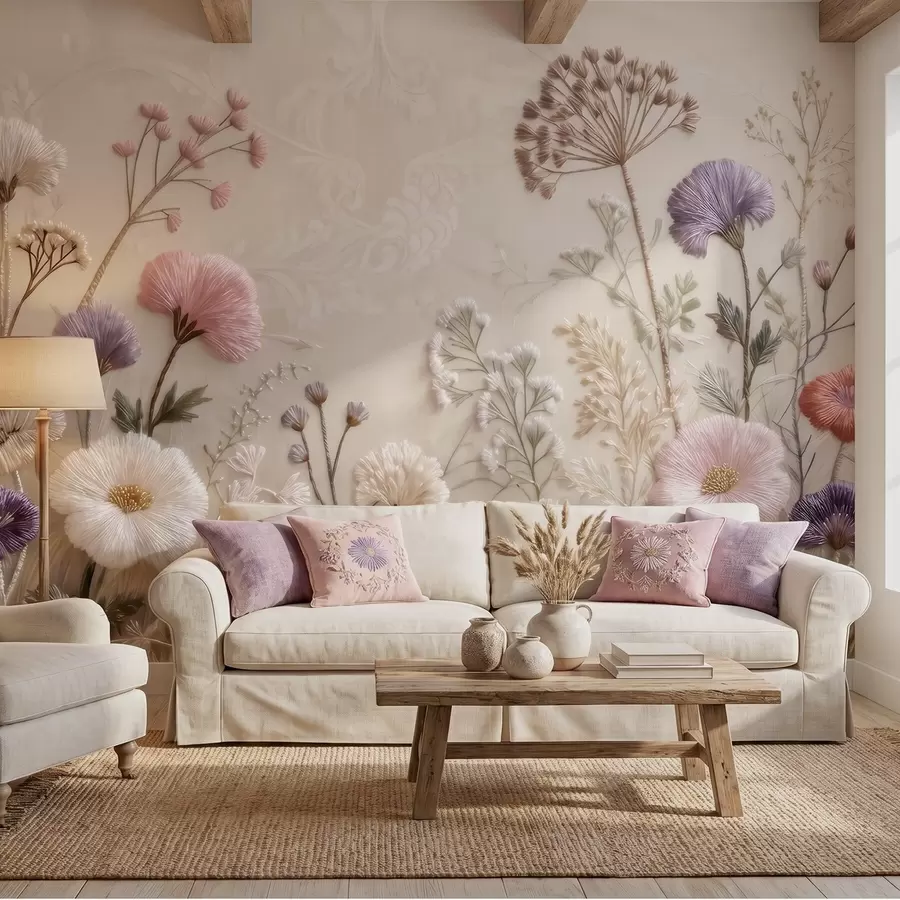 Fotobehang Driedimensionale veldbloemen met een handgeborduurd effect in pastelkleuren w09874
