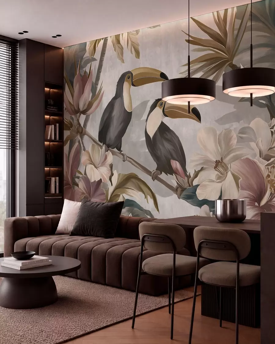 Fotobehang een paar toekans te midden van tropische bloemen en bladeren w05657