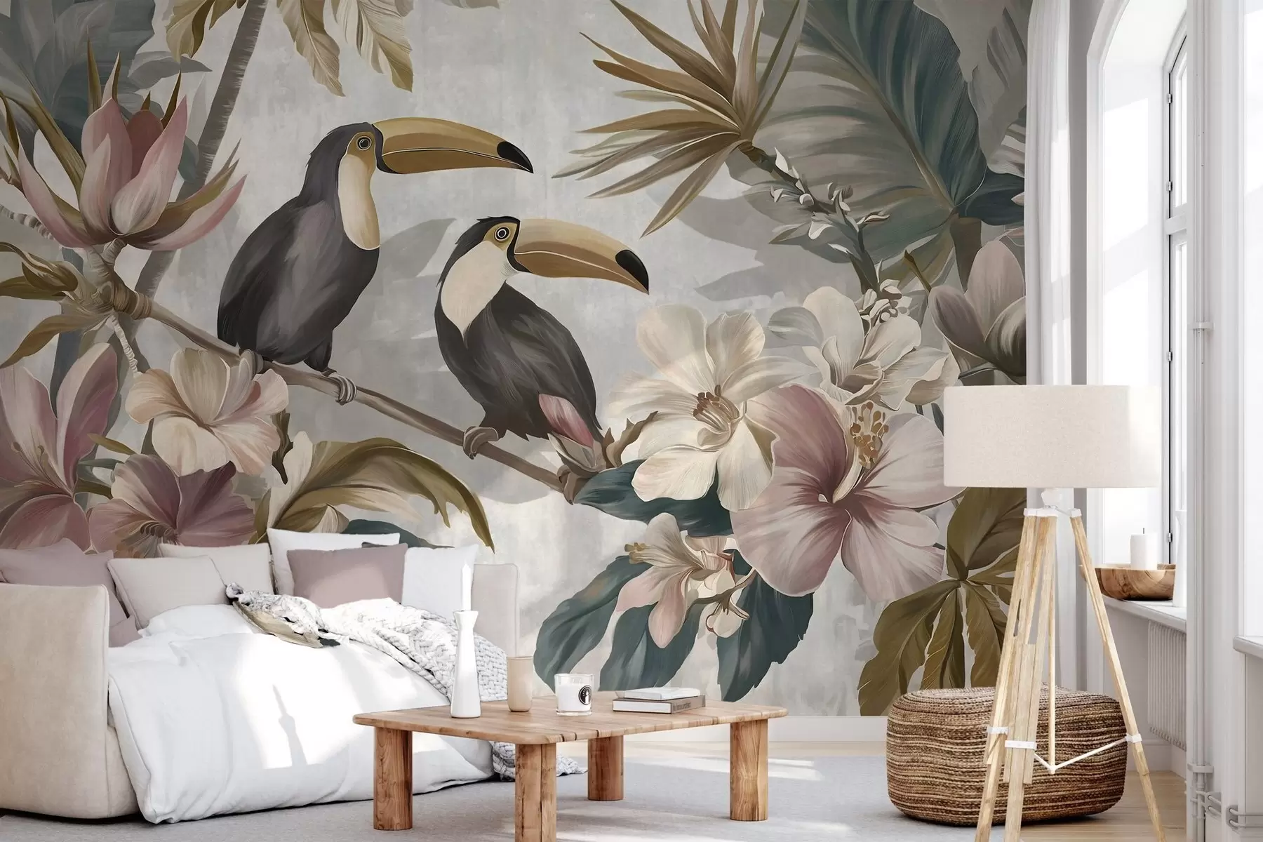 Papier peint photo un couple de toucans au milieu de fleurs et de feuillages tropicaux w05657