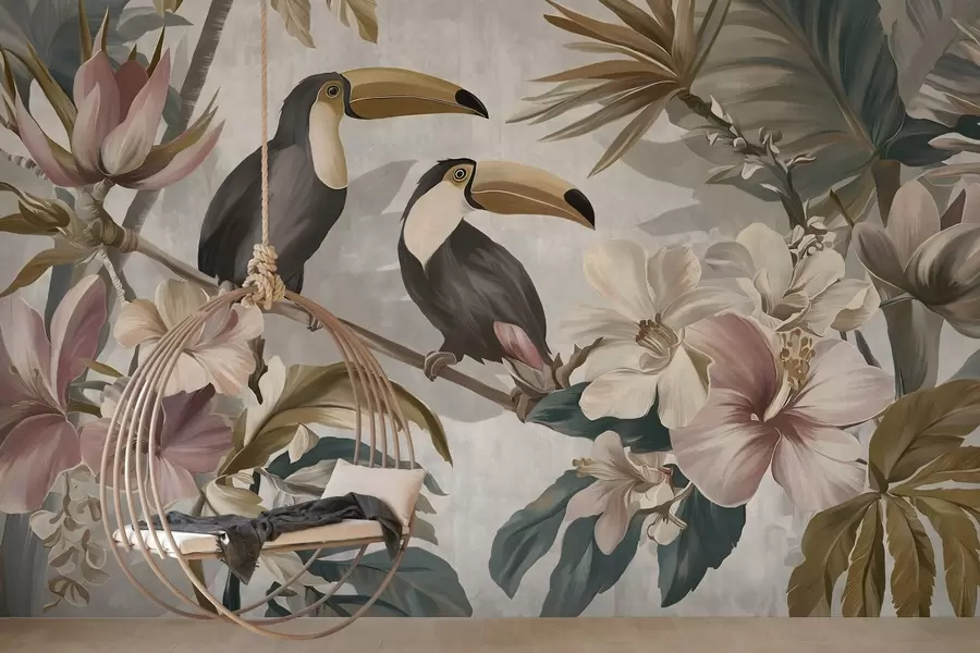 Papier peint photo un couple de toucans au milieu de fleurs et de feuillages tropicaux w05657