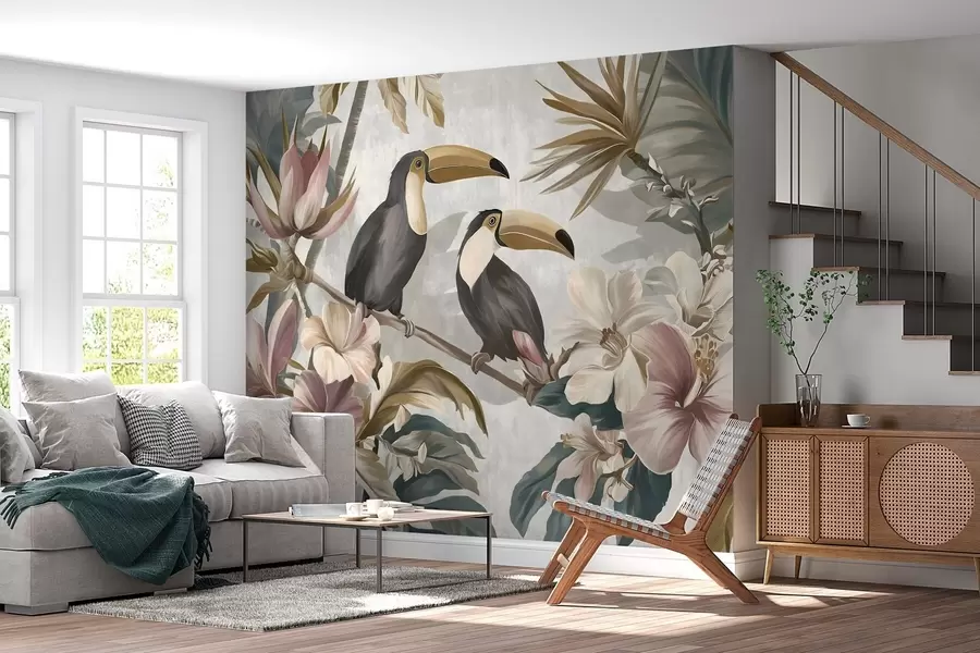 Fotobehang een paar toekans te midden van tropische bloemen en bladeren w05657