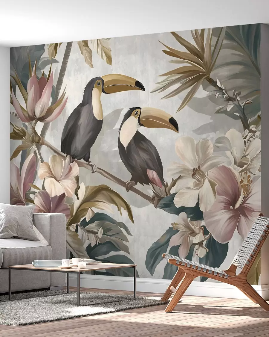 Fotobehang een paar toekans te midden van tropische bloemen en bladeren w05657