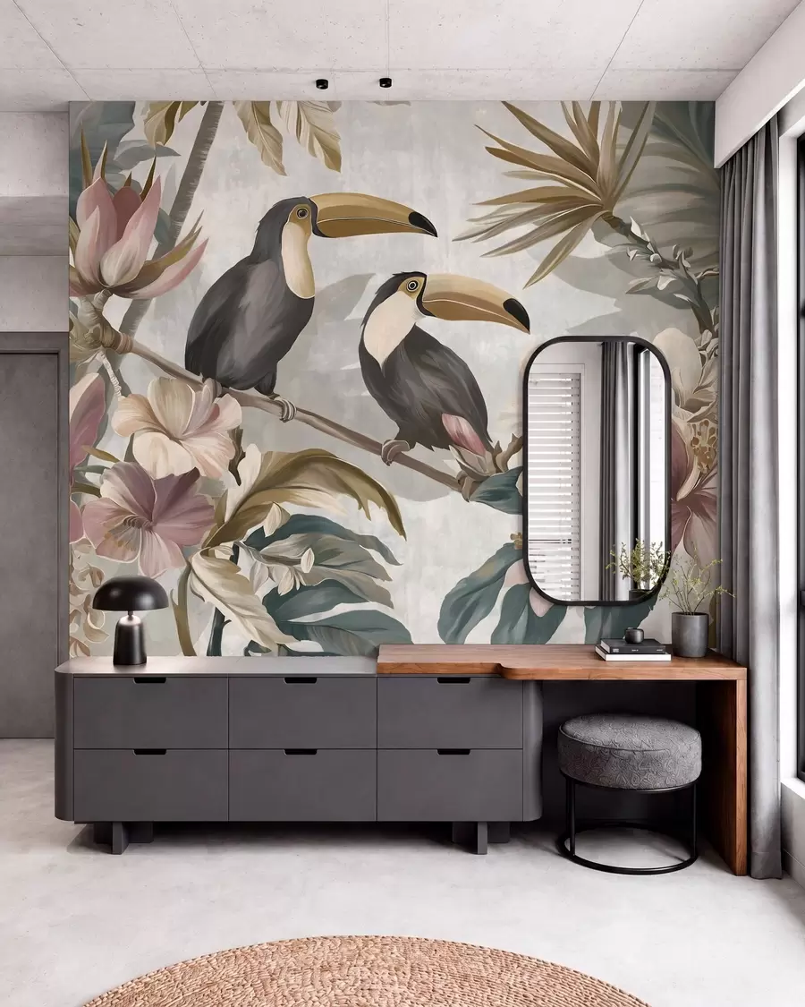 Papier peint photo un couple de toucans au milieu de fleurs et de feuillages tropicaux w05657