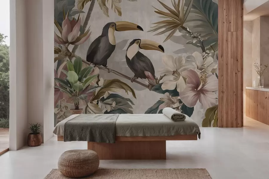 Papier peint photo un couple de toucans au milieu de fleurs et de feuillages tropicaux w05657