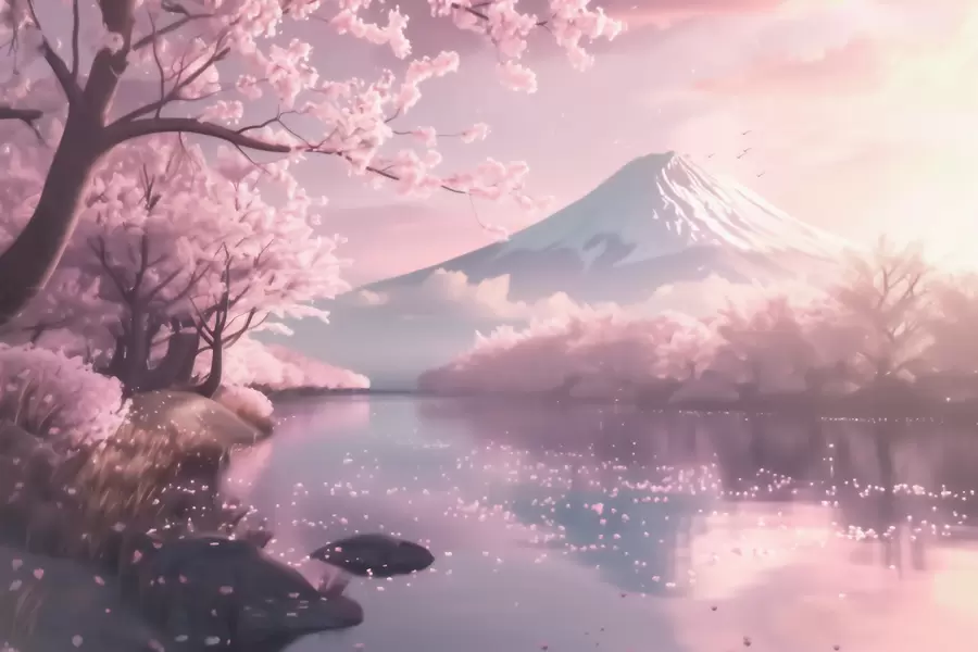 Fotobehang Rustgevend Japans landschap met kersenbloesems en een bergmeer bij zonsopgang w09864