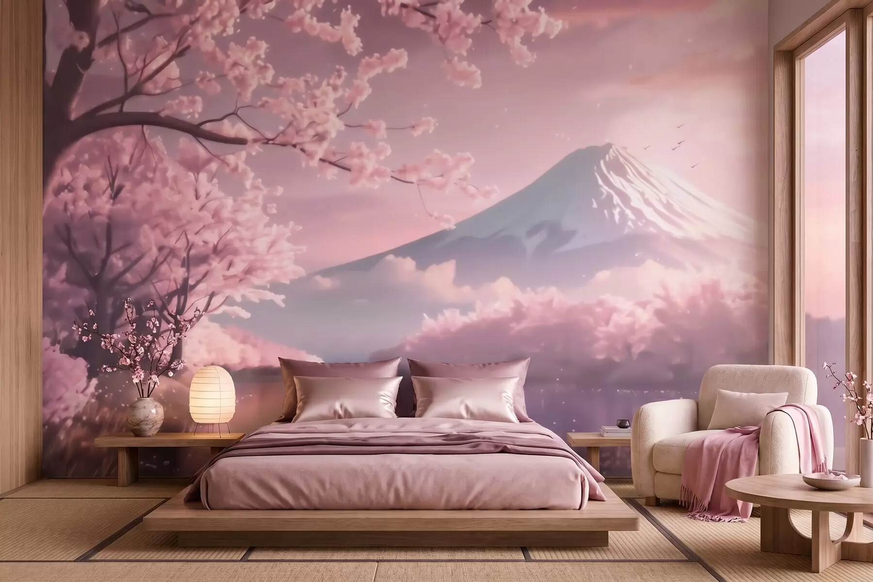 Fotobehang Rustgevend Japans landschap met kersenbloesems en een bergmeer bij zonsopgang w09864