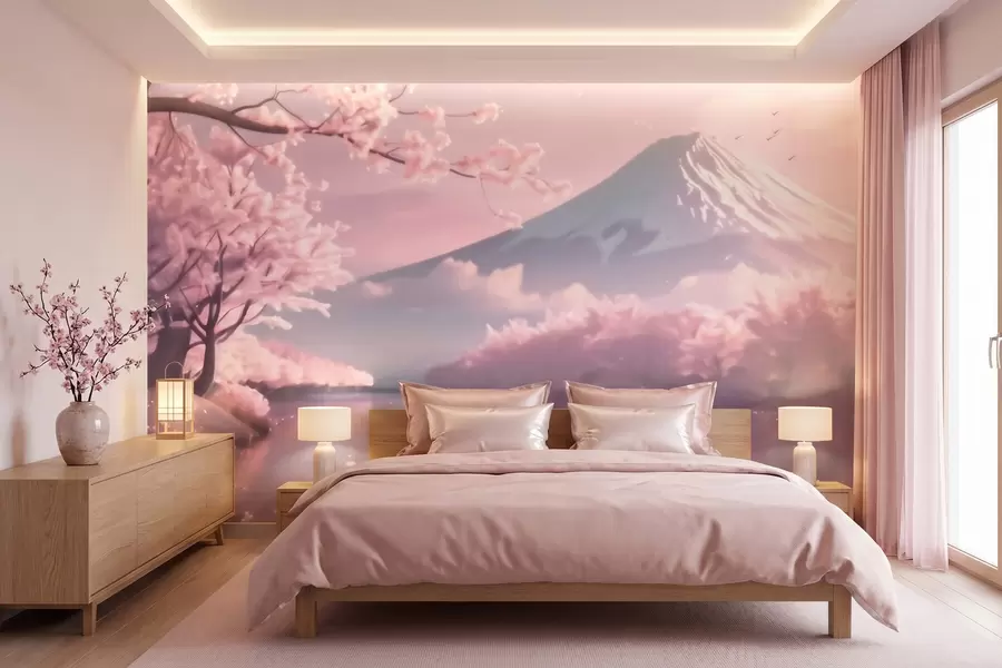 Fotobehang Rustgevend Japans landschap met kersenbloesems en een bergmeer bij zonsopgang w09864