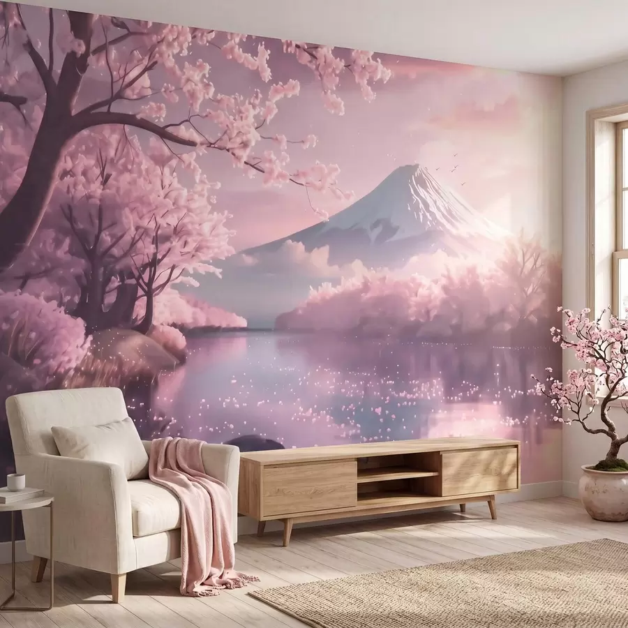 Fotobehang Rustgevend Japans landschap met kersenbloesems en een bergmeer bij zonsopgang w09864