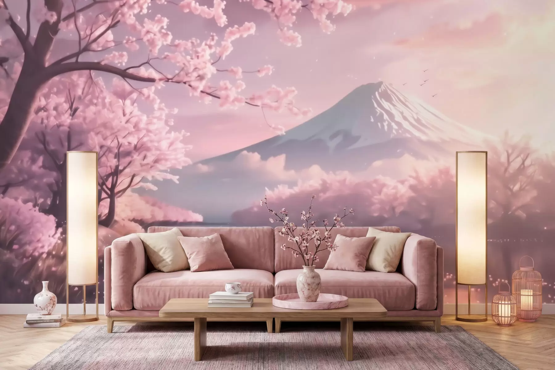 Fotobehang Rustgevend Japans landschap met kersenbloesems en een bergmeer bij zonsopgang w09864