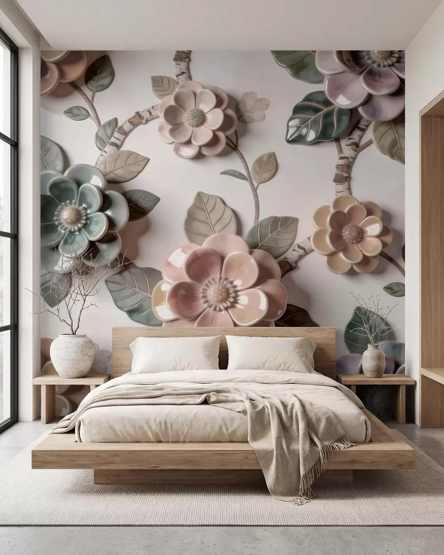Papier peint photo Fleurs en céramique en trois dimensions, dans une palette de couleurs pastel douces w09887