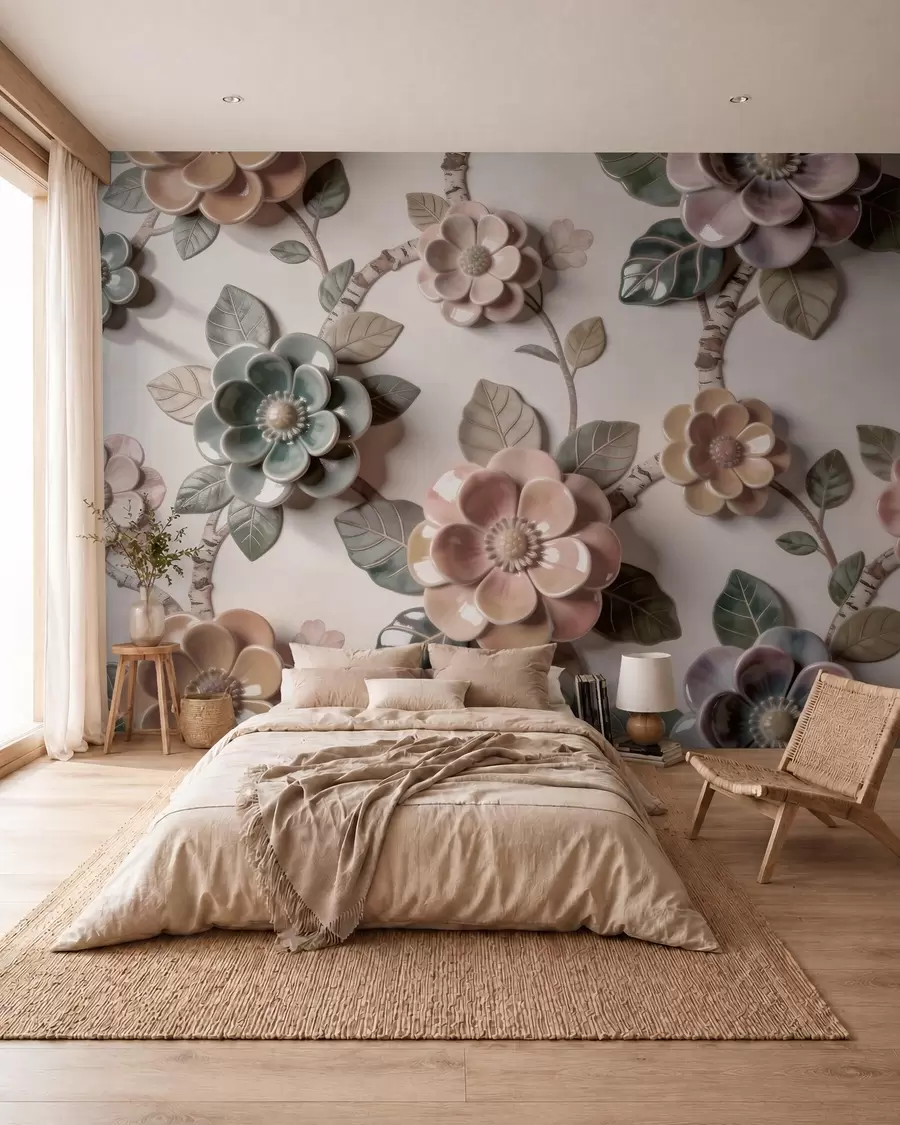 Fotobehang Driedimensionale keramische bloemen in zachte pasteltinten w09887