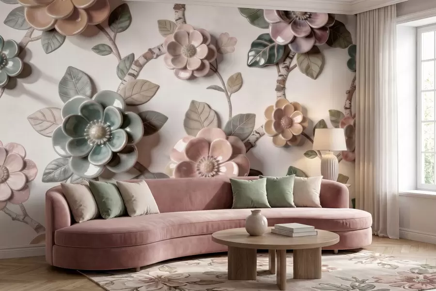 Fotobehang Driedimensionale keramische bloemen in zachte pasteltinten w09887