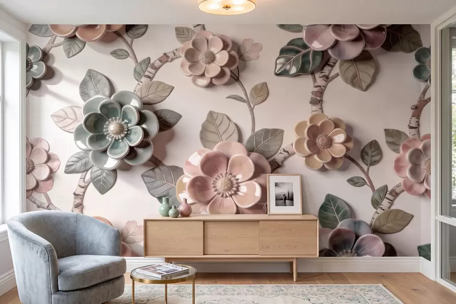 Fotobehang Driedimensionale keramische bloemen in zachte pasteltinten w09887