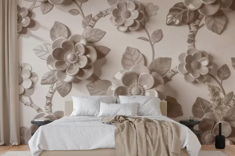 Fotobehang Elegant beige bloemstuk met driedimensionale, sculpturale bloemen w09887v1