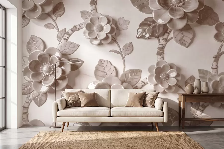 Fotobehang Elegant beige bloemstuk met driedimensionale, sculpturale bloemen w09887v1