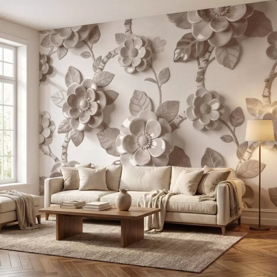 Fotobehang Elegant beige bloemstuk met driedimensionale, sculpturale bloemen w09887v1