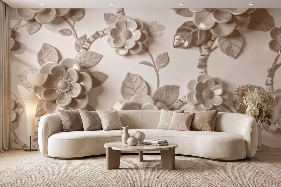 Fotobehang Elegant beige bloemstuk met driedimensionale, sculpturale bloemen w09887v1