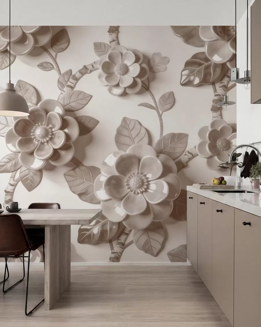 Papier peint photo Élégante composition beige composée de fleurs sculptées en trois dimensions w09887v1