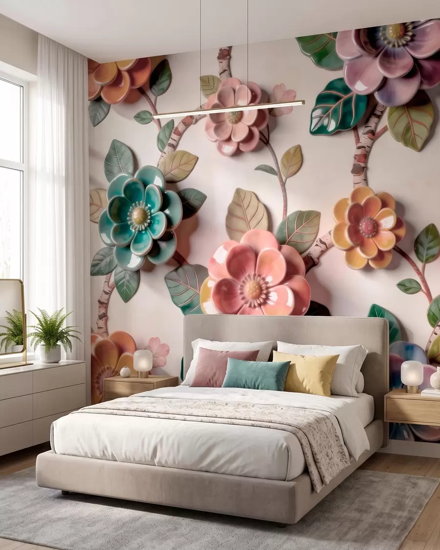 Fotobehang Driedimensionale keramische bloemen en bladeren in een levendig kleurenpalet w09887v2