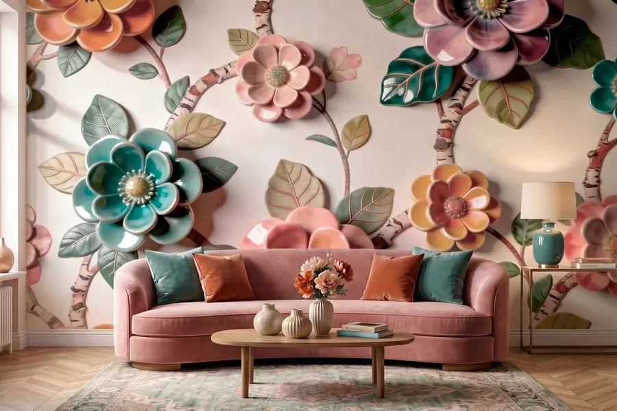Fotobehang Driedimensionale keramische bloemen en bladeren in een levendig kleurenpalet w09887v2
