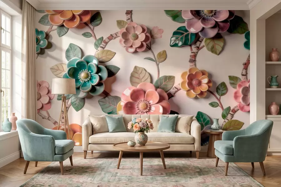 Fotobehang Driedimensionale keramische bloemen en bladeren in een levendig kleurenpalet w09887v2