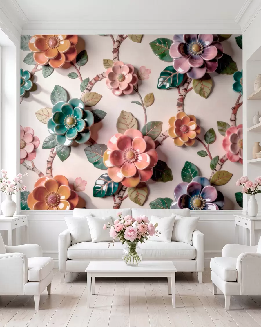 Fotobehang Driedimensionale keramische bloemen en bladeren in een levendig kleurenpalet w09887v2